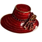 Red Enamel Wide-Brim Hat Brooch w/ Rhinestone Bow, Gold Tone Photo 0