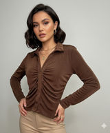 JUST POLLY NWT Chocolate Brown Ruched Front Long Sleeve Top Size L‎ Photo 0