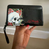Ed Hardy Black Skull & Roses Zip Around Wristlet Wallet Photo 0
