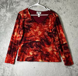 Vintage Y2k Velvet Floral Mesh Top Boho VNeck Long Sleeve Red Orange Medium Photo 0