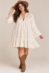 J.Gee Boho Crochet Lace Tiered Mini Dress Cream Bell Sleeve XL New Photo 0