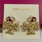 Tory Burch | Gold Plated Twisted Logo Hoop Earrings | Medium Photo 0