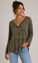 POL Womens Tie Dye Henley Top Brown Green Ribbed Long Sleeve Boho BWT686 Small Photo 0