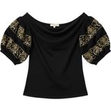 Free People Top‎ Womens Medium Black Embroidered Puff Sleeve Draped Neck Boho Photo 0