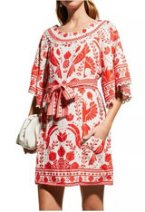 FARM Rio White Mini Dress with Red Floral & Bird Motif Photo 0