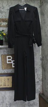 DKNY Belted Collared Tie Waist Jumpsuit DD3K284A Black 6 Photo 0