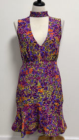 Saloni Blue Purple Floral Sleeveless Plunging V Neck Choker Neck Fleur Dress 8 Photo 0