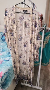 Angie Cream, Boho Blue and Pink Floral Duster Kimono, Medium/Large Photo 0