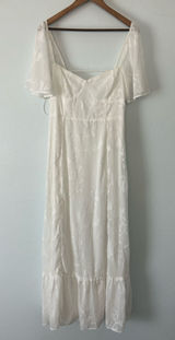 White Floral Maxi Dress w Sheer Short Sleeves Sweetheart Neckline Lace up back Photo 0