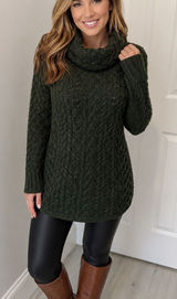 Aran Mor Merino Wool Cableknit Cowl Neck Sweater Dark Green Photo 0
