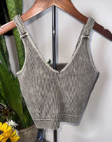 Acid Wash Seamless Ribbed Cropped Bra Padded V-Neck Tank Top, Mocha, Size L/XL Photo 0