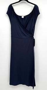 COTE FEMME Navy Blue Wrap Midi Dress Sz 14/16 V-Neck Sheer Trim Preppy Feminine Photo 0
