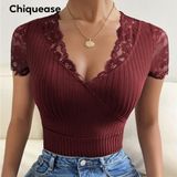 Shein Maroon Lace Panel Rib Knit V-neck Short Sleeve Stretchy T-shirt Top Sz M Photo 0