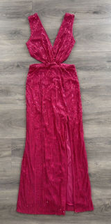 Just Quella Women's Hot Pink Sequins Deep V Neck Side Cutouts Long Formal Dress Size 0-2 Photo 0