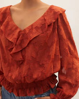 Anthropologie Size Small Rust Burnt Orange Ruffle Textured Floral Blouse Photo 0