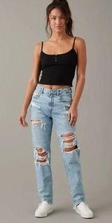 American Eagle Strigid Ripped Mom Jean Straight Leg Distressed High Rise Festival Womens 00R Photo 0