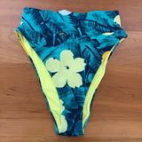 Aerie High Cut Cheeky Bikini Bottom Teal Tropical Floral Ribbed Small Photo 0