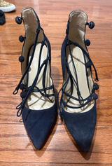 Nine West Black Suede Lace-Up Pointed Pumps with Pom-Tie Detail Photo 0
