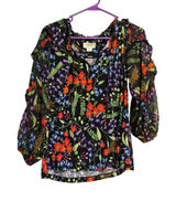 Maeve Anthropologie Blouse Floral Ruffle‎ Black Sheer Sleeve S Boho Cottagecore Photo 0