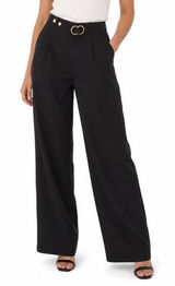 Womens Black High Waisted Wide Leg Trousers Gold Buckle Detail Dress Pants O/S Photo 0