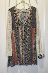 Kori America Boho Patchwork Lace Sleeve Babydoll Dress Women’s Large Tunic Photo 0