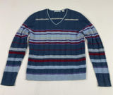 Valerie Stevens Sweater Womens Medium Blue Striped Cable Knit V Neck‎ Cotton Photo 0