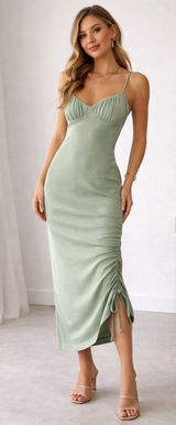 Princess Polly Sage Green Ruched Midi Dress Coquette Y2K Bodycon XS Photo 0
