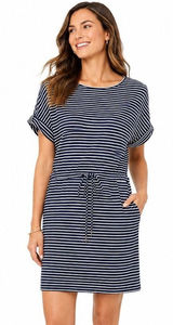 Hilary Radley Striped Navy and White Tie-Waist Dress with Pockets Size Large Photo 0