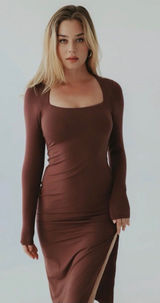 Klassy Network Long Sleeve Square Neck Bodycon‎ Midi Dress in Brown Size Small Photo 0