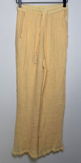 Monday‎ Women 100% Linen Pants P Yellow Wide Leg Gauze Summer Resort Vacation Photo 0
