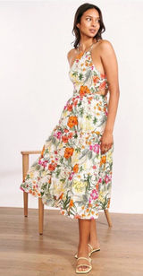 Chelsea & Violet Tropical Floral Print Tiered Midi Dress Linen‎ Blend Tie Back Photo 0