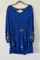 Free People Oxford Embroidered Cobalt Blue Long Sleeve Baby Doll Boho Dress M Photo 0