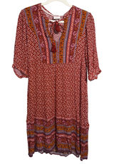 Knox Rose Boho‎ Peasant Dress M Rust Border Print Tassel Tie Rayon Lined Midi Photo 0