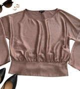 Express Satin Blouse Womens L Dusty Rose Dolman Sleeve Smocked Waist Party Top Photo 0
