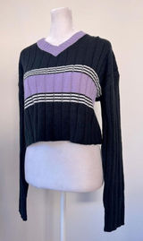 Sweet Rain Black & Lavender Striped Cropped V-Neck Pullover Sweater Photo 0
