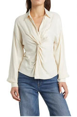 Topshop Knot Front Ivory Satin Long Sleeve V Neck Top Size 4 NWT Photo 0