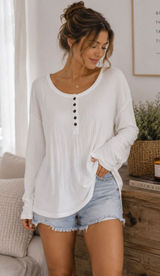 NEW American Eagle Soft & Sexy Ivory White Ribbed Knit Relaxed Fit Henley Top XS Photo 0