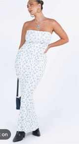 Princess Polly Oscar White Strapless Dress with Blue Floral Print medium nwt Photo 0