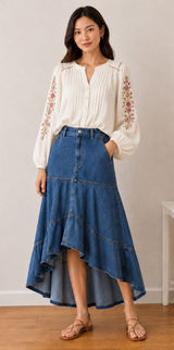 Risen Jeans Blue Denim High Low Tiered Ruffle Maxi Skirt RDS6280 Large‎ Photo 0
