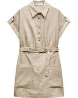 Zara Linen Shirt Dress Collar Mini Short Sleeve Belted Button Pockets Beige S Photo 0