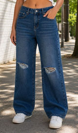 NEW Edikted Mid Rise Wide Leg Distressed Jeans‎ Color Indigo Blue Raw Washed M Photo 0