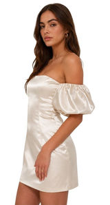 Abercrombie & Fitch Silver Satin Off the Shoulder Puff Sleeve Mini Dress Large Photo 0