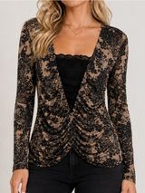 ⁠VENUS Ruched Front Lace Trim V-Neck Long Sleeve Top Black Nude Beige | Small Photo 0