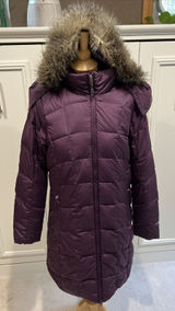 Eddie Bauer Quilted Down Puffer Parka Jacket Purple Long Faux Fur Hood EB650 Photo 0