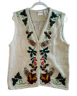 Vtg Bobbie Brooks Sweater Vest Embroidered Fall Harvest Acorn Nature Ramie Tan L Photo 0
