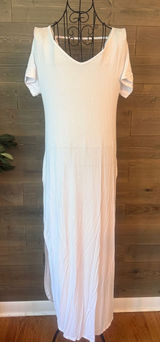 Casual White V-Neck Short Sleeve Maxi Dress with Side Slit Photo 0
