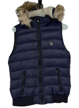 American Eagle Navy Blue‎ Down Puffer Vest Faux Fur Hood Sherpa Lined Large Y2K Photo 0