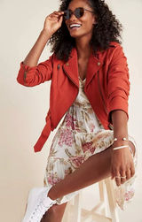 FRYE x Anthropologie Cropped Vita Cotton Moto Jacket in Burnt Cedar‎ Size XS Photo 0