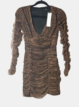 Zara Womens XS Brown Snakeskin Ruched Mesh V-Neck Mini Bodycon Dress NWT Photo 0