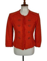 Jacqueline Riu‎ Red Boucle Double Breasted Jacket Blazer Frayed Trim Button 36 Photo 0